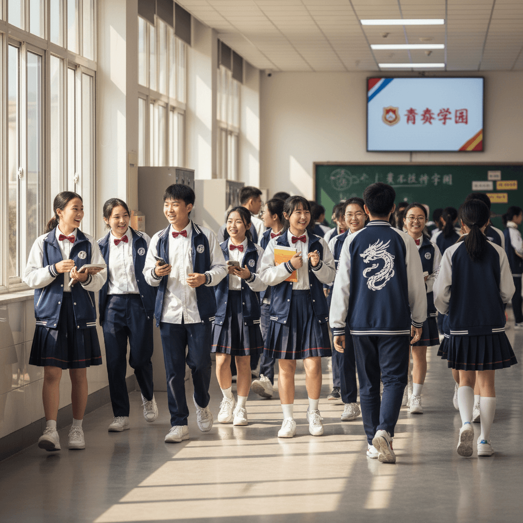 A vibrant, energetic aesthetic wide shot of students in a school hallway or classroom wearing well-fitted uniforms
