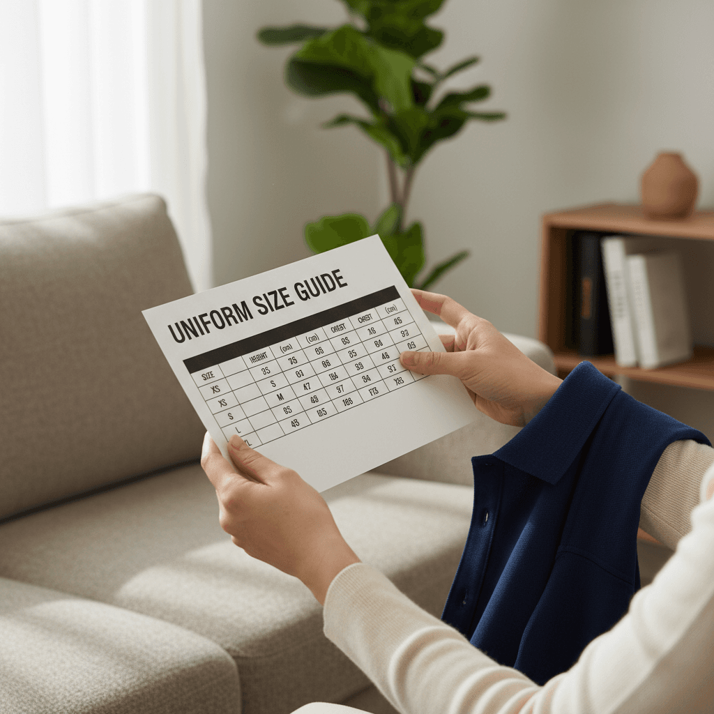 Parent comparing size chart with actual BROSIS uniform garment
