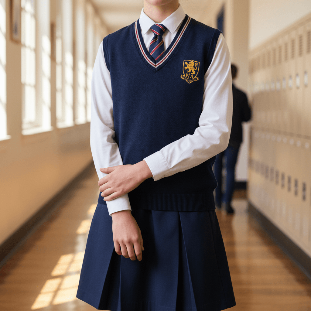 Student in complete BROSIS uniform styled naturally