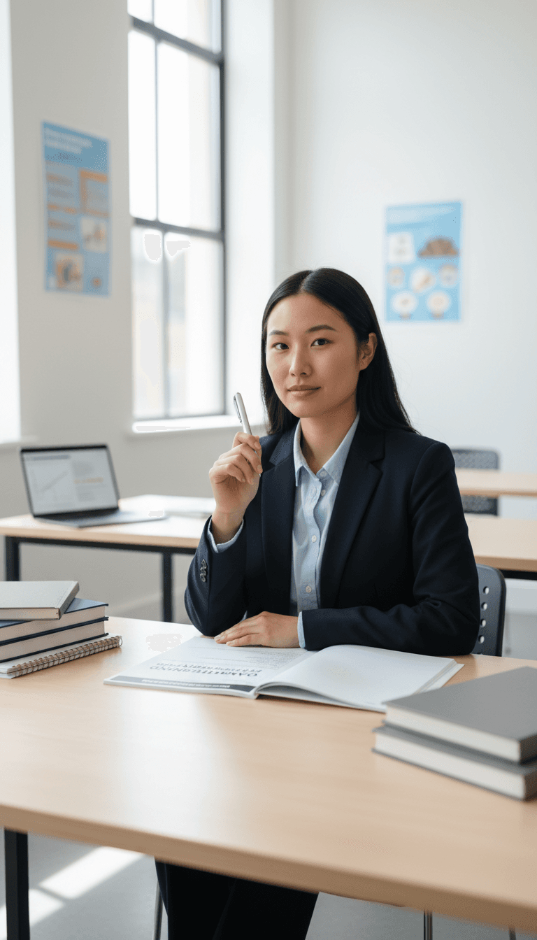 Confident female student at modern desk with study materials, natural light from windows, engaged in exam preparation work.