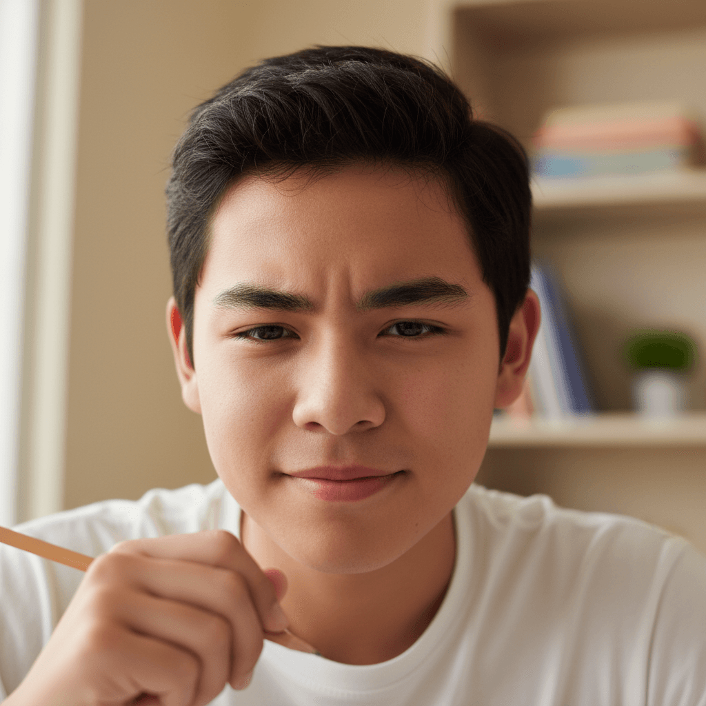Focused student with confident expression studying exam materials in natural window light