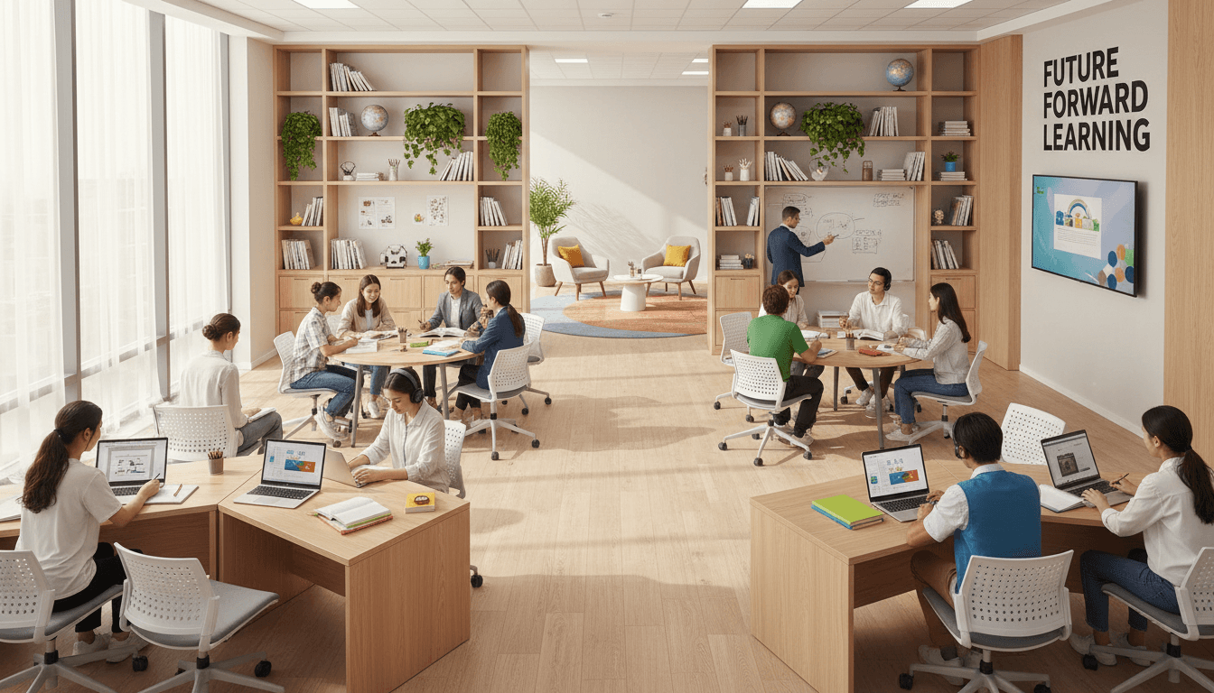 Modern open learning studio with diverse students working at individual and collaborative study stations throughout spacious naturally-lit space