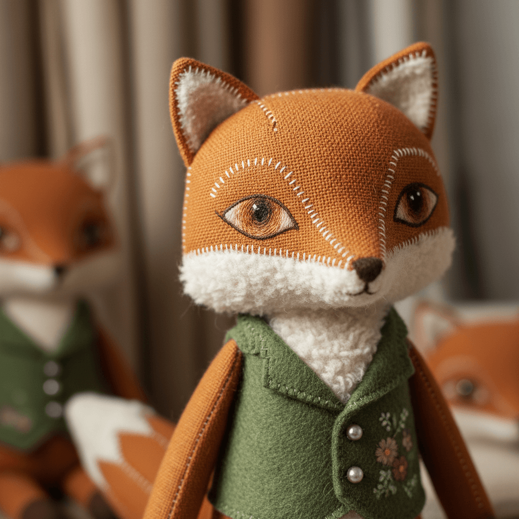 Close-up macro shot of custom plush toy showing detailed embroidered eyes, stitched seams, and felt clothing accessories with soft natural lighting