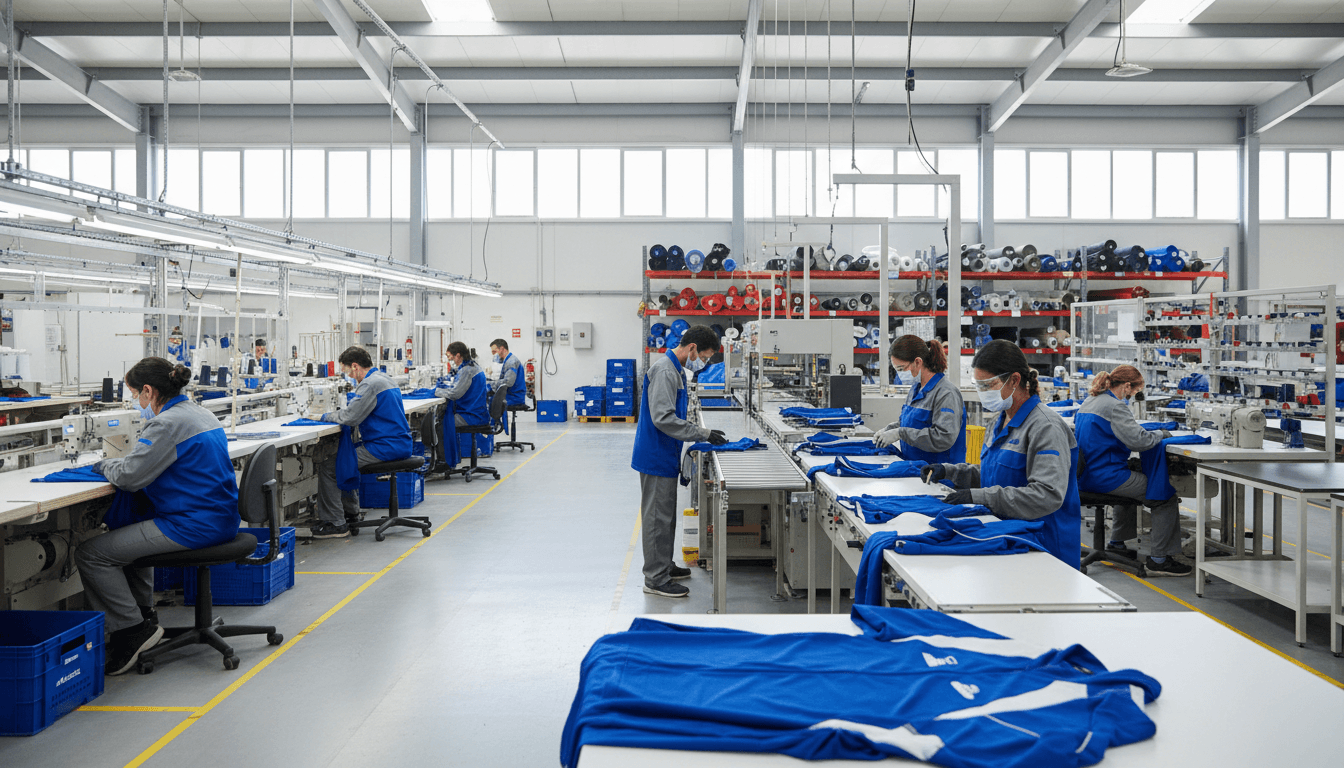 Modern manufacturing facility with skilled workers operating sewing machines on an organized production line creating quality athletic garments