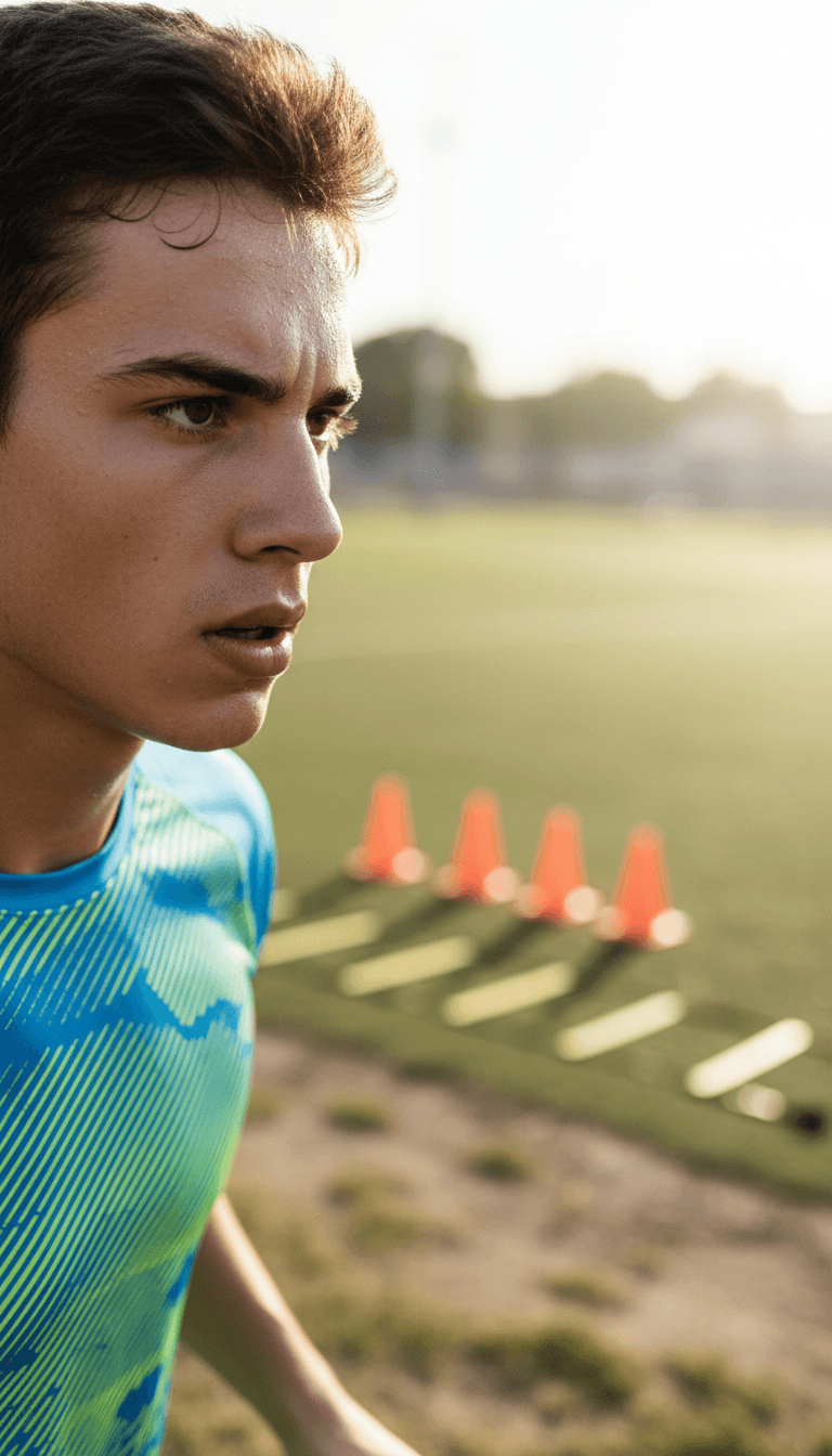 Young athlete's determined face during intense outdoor training session with sweat and focus visible