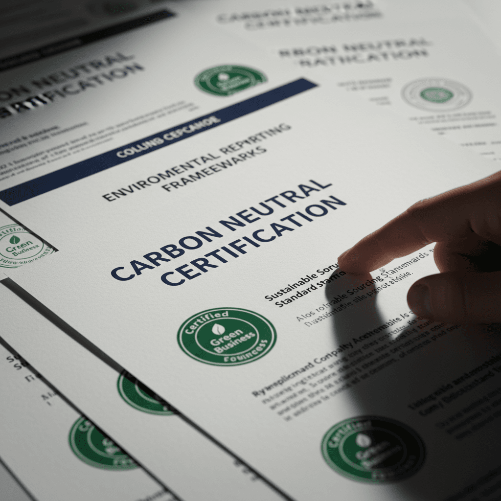 Close-up of environmental sustainability certifications and carbon neutral documents with consultant's hand reviewing details