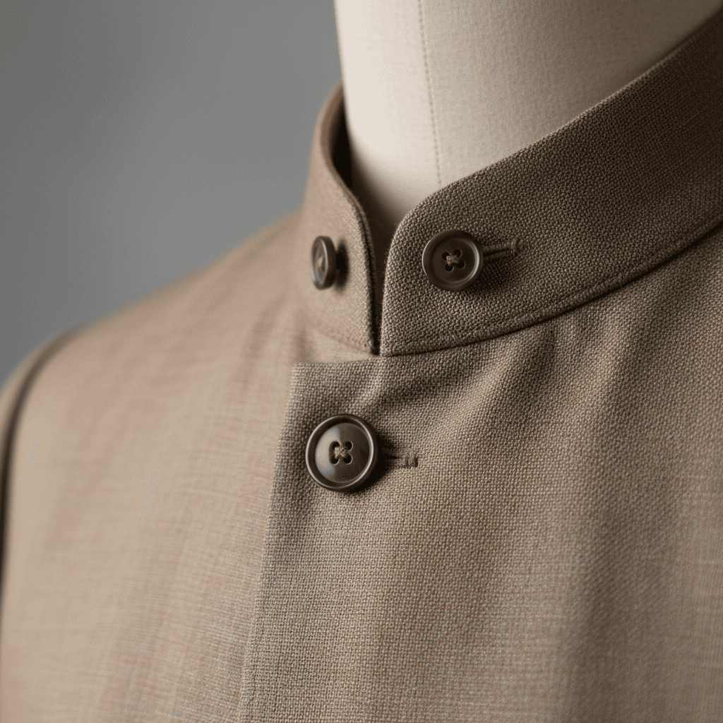 Close-up of luxury garment construction showing precise stitching, button details, and refined tailoring craftsmanship