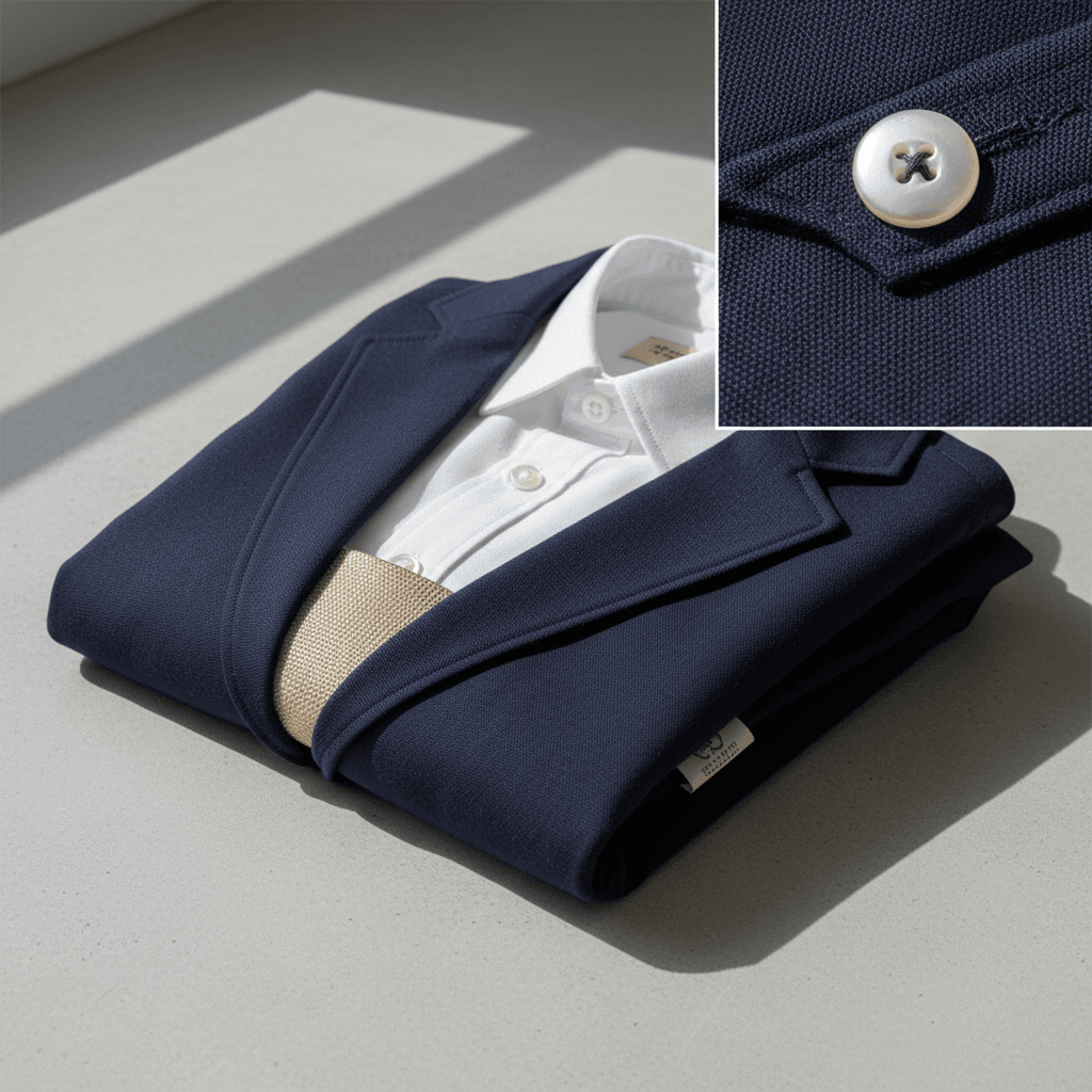Close-up of neatly folded navy blazer, white shirt, and tie showing quality fabric texture and stitching details on light background