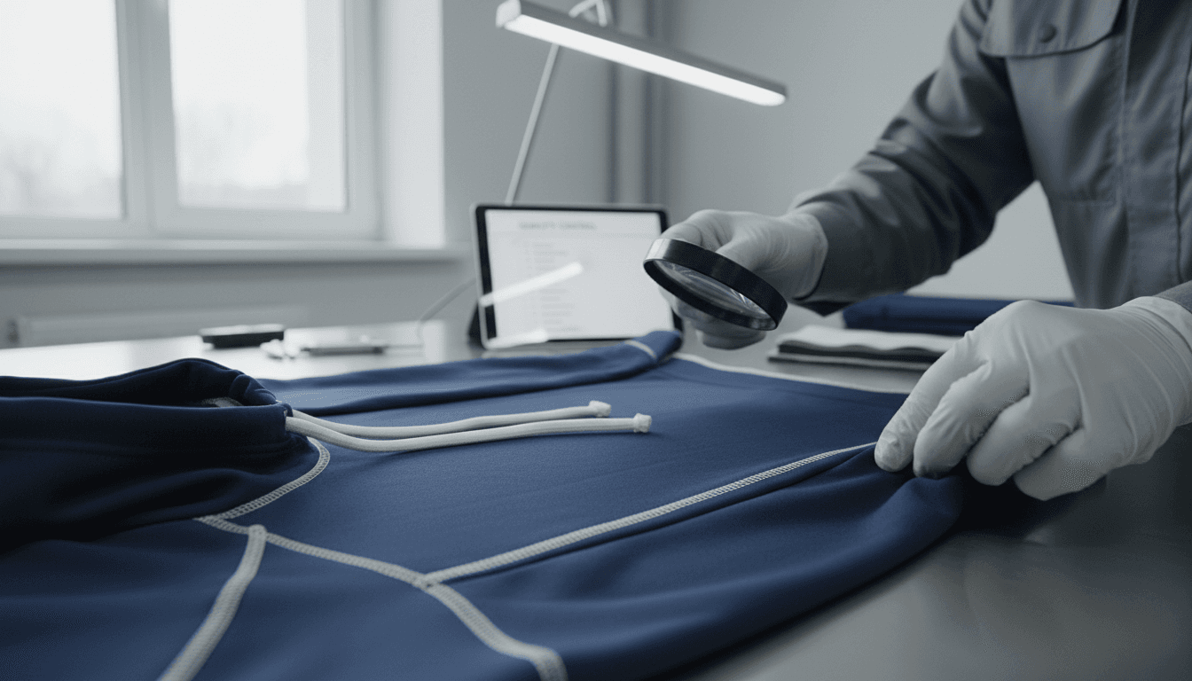 Quality inspector examining finished athletic hoodie stitching and seams at industrial workstation with precision tools