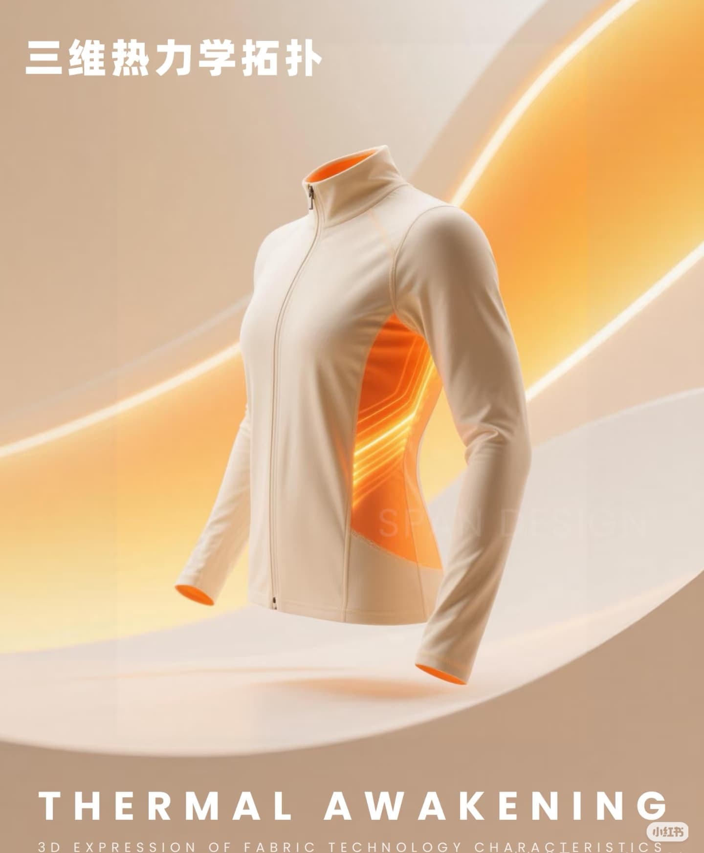 Cream zip-up jacket with glowing orange thermal panels against a warm, abstract background.